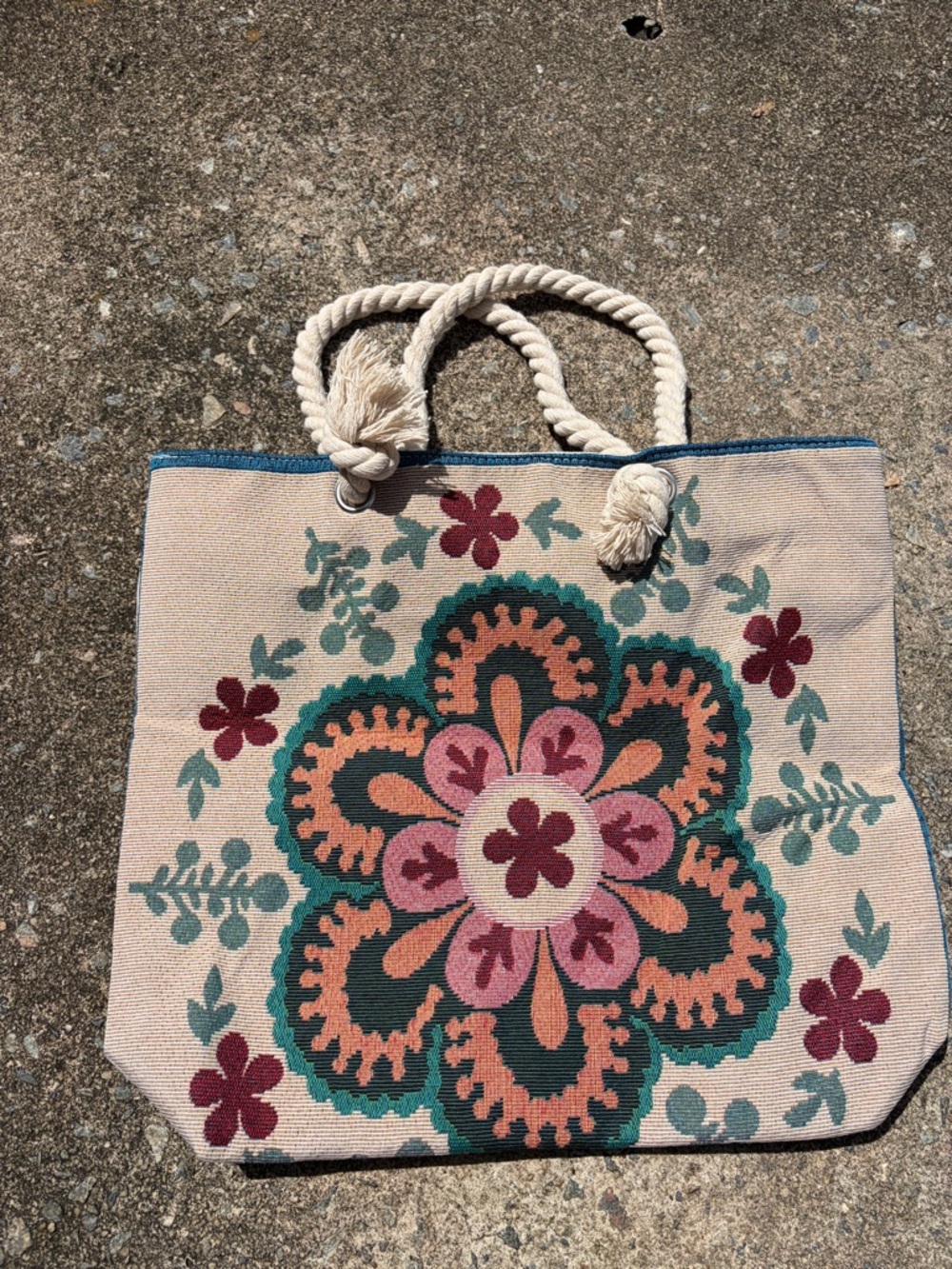 Floral Canvas Tote Bag with Pink & Teal Design